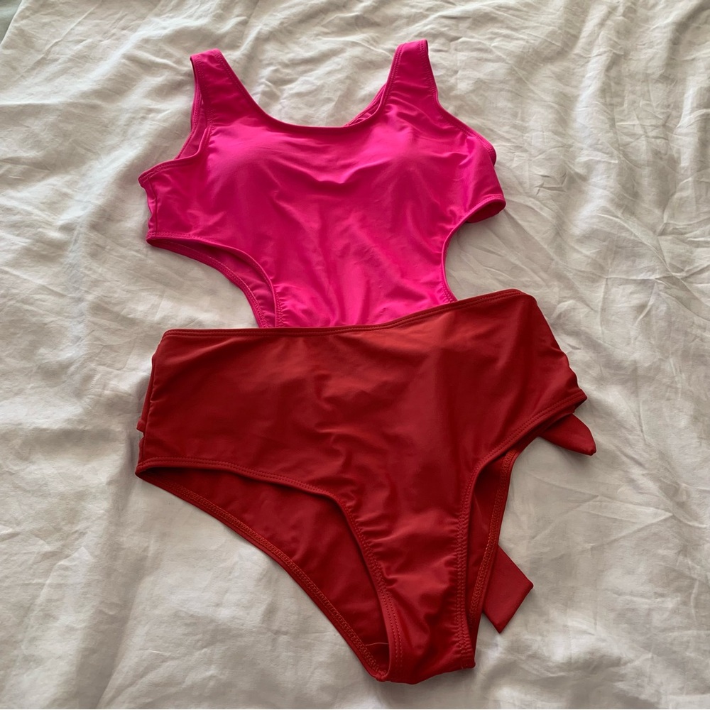Pink Red Colorblock Cutout Monokini Tie Waist Swimsuit Large
